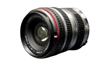 High-resolution photograph of a camera lens, emphasizing its metallic body and glass elements, displayed on a minimalist white background.