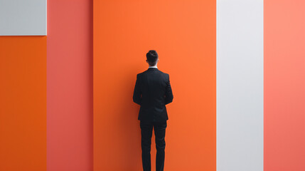 Fototapeta premium A businessman stands facing a wall, contemplating his next move. The bright orange and white background adds a sense of vibrancy and decision.