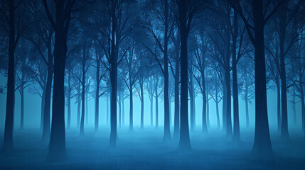 A dark, mysterious forest shrouded in fog, with tall trees.