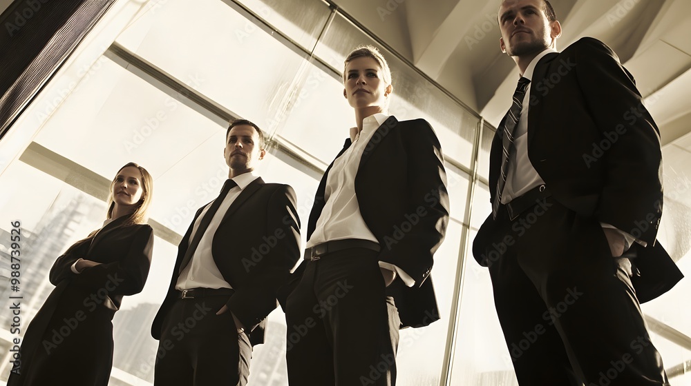 Poster Four business professionals stand in a modern office space, looking determined and ready for success.