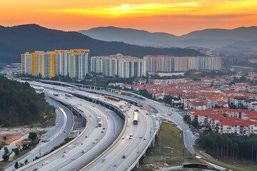 Obraz premium Urban Highway Sunset Cityscape with Mountains and Traffic