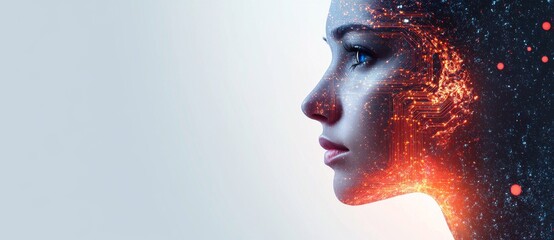 Double exposure depicting a woman with star systems, galaxies and the universe in her head on a white background