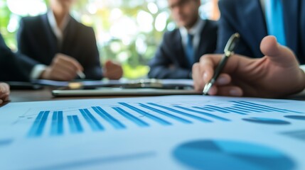 Business team analyzing financial data and charts during a meeting in a bright office environment