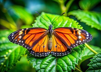 Fototapeta premium In a lush green setting, a vibrant Pakistani butterfly rests on a leaf, perfectly embodying the stunning beauty