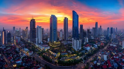 Stunning Sunset Panorama of Jakarta Cityscape with Skyscrapers © senyumanmu