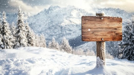 Winter holidays landscape with wooden sign