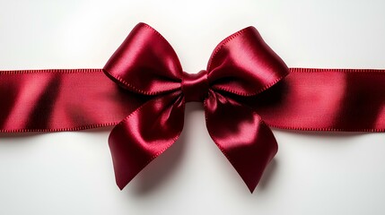 Red bow for gift wrapping, flat lay on white background. Festive ribbon bow, isolated and elegantly placed. Perfect for holiday presents, special occasions, or decorative crafts