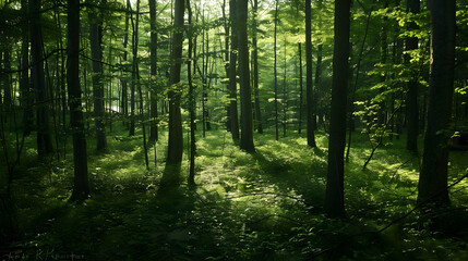 Obraz premium Sunbeams Through a Lush Forest - A Tranquil Nature Scene