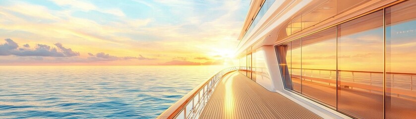 Fototapeta premium Luxury yacht deck overlooking serene ocean at sunset, vibrant skies reflecting on calm waters.