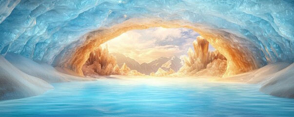 Stunning ice cave with glowing blue and orange hues reflecting on still water, creating a serene atmosphere.