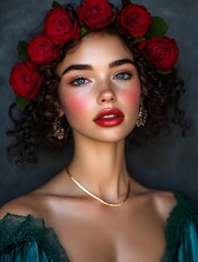 Naklejka premium Beautiful Woman with Red Rose Crown Green Dress and Gold Jewelry