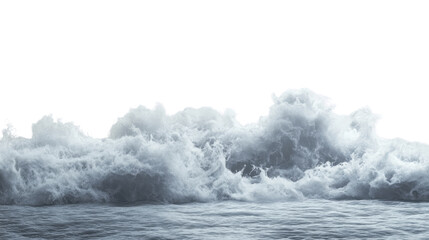 Obraz premium Foggy mountains blend into a stormy sea, where powerful waves crash against the shore, creating a misty landscape under a cloudy sky