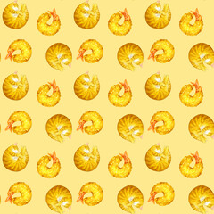 丸くなって寝る猫とエビフライのパターン　手描き水彩イラスト素材