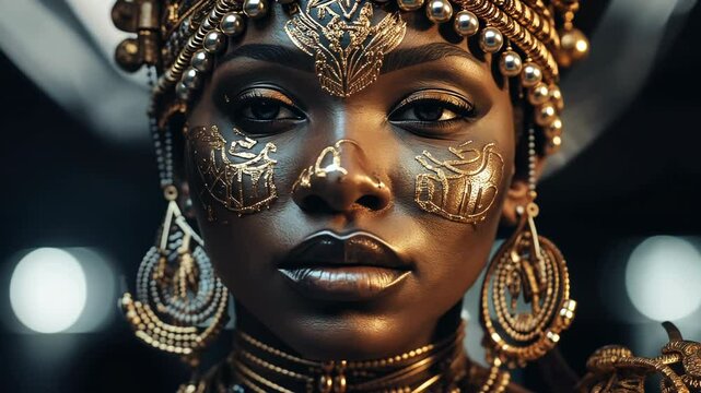 Mesmerizing portrait of African woman with golden face paint and ornate headdress, large earrings. Tribal-inspired makeup and jewelry showcasing cultural artistry.