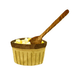 タルタルソースと木製スプーン　料理・食べ物の手描き水彩イラスト素材