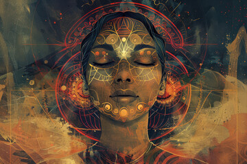 close up horizontal portrait illustration of a female shaman figure