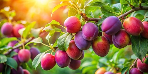 Lush green leaves frame vibrant sugar plums, beautifully displayed against a softly illuminated background that