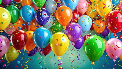 Colorful balloons and streamers fill the air with vibrancy, while confetti adds a playful touch to create a joyful atmosphere for birthday greetings.