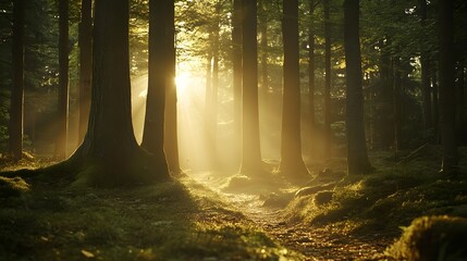 Fototapeta premium Golden Rays of Sunlight in a Dense Forest