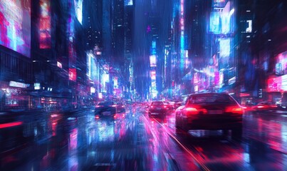 Obraz premium A city street at night with neon lights and cars.