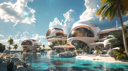 A futuristic resort with clean skies situated on a tropical island