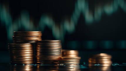 Stacked coins in front of fluctuating market data illustrating financial growth and investment trends