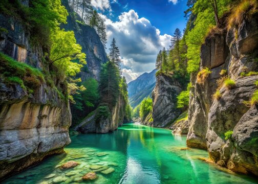 Crystal-clear emerald waters flow through the rugged cliffs of Partnach Gorge, surrounded by lush greenery in the picturesque town of Garmisch-Partenkirchen, Bavaria.