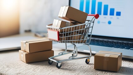 Carton boxes in cart and some boxes on table and sales data economic growth graph on laptop screen, buying and selling services online on network, cyber Monday and e-commerce concept.