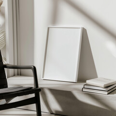 A close up photo of an empty picture frame leaning against wall, showcasing its minimalist design. frame is set on sleek surface, surrounded by soft shadows, creating serene atmosphere