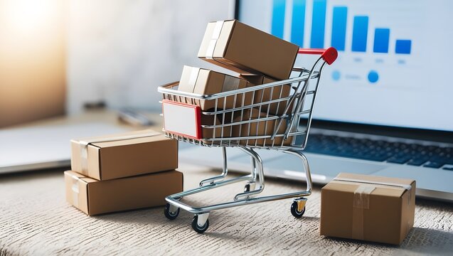 Carton boxes in cart and some boxes on table and sales data economic growth graph on laptop screen, buying and selling services online on network, cyber Monday and e-commerce concept.