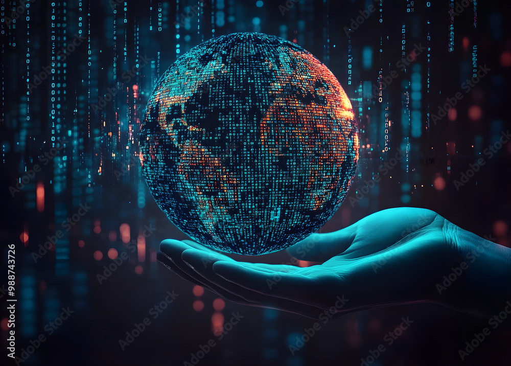 Poster a hand holds a digital earth sphere above a world map embellished with binary code, illustrating the