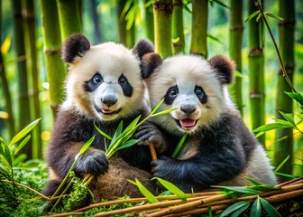 Obraz premium Playful pandas frolic in a vibrant bamboo grove, their charming antics reflecting the joy of nature and the