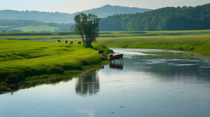 Fototapeta premium Tranquil River Landscape with Cows Grazing in Meadow
