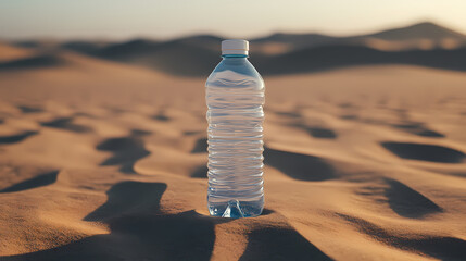 Clear water bottle in the desert
