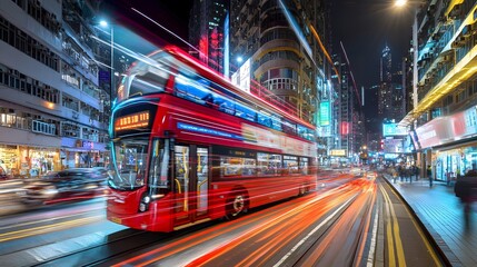 Hong Kong Night Lights   Red Double Decker Bus with Blurred Traffic