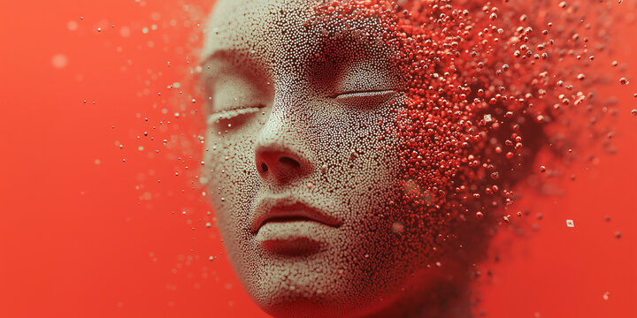 Abstract face dissolving into red particles, symbolizing the intersection of human identity and AI in a digital world, showcasing the fragility and transformation of human-machine evolution