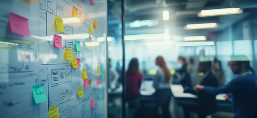 Collaborative workspace in a modern office setting, focusing on a whiteboard filled with colorful sticky notes and project plans, while a diverse team brainstorms in the blurred background