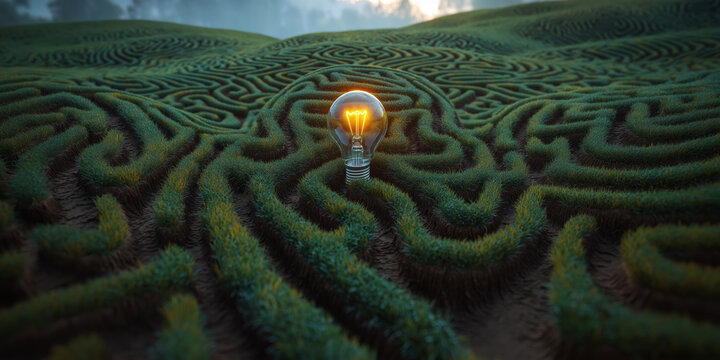 A glowing lightbulb sits at the center of a sprawling, green maze, symbolizing an idea or solution within a complex problem
