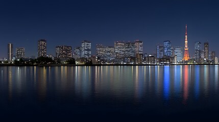 Obraz premium Tokyo Skyline at Night with Tower Reflections