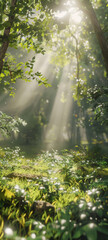 Obraz premium A serene scene with dappled sunlight filtering through lush green leaves, creating tranquil atmosphere in vibrant forest. gentle rays illuminate foliage and ground, enhancing peaceful ambiance