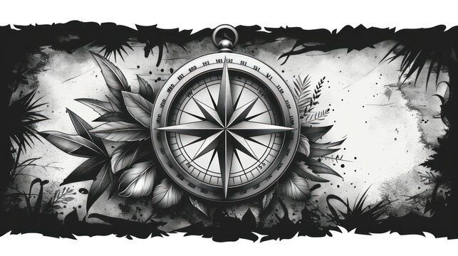 Artistic compass design surrounded by tropical foliage with a monochromatic color palette, symbolizing adventure. Generative AI