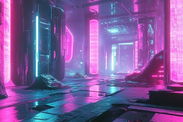 Neon-lit futuristic corridor with debris and glowing tubes.