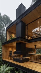 Fototapeta premium A modern home with a unique fireplace design, with a black exterior and a wooden interior.