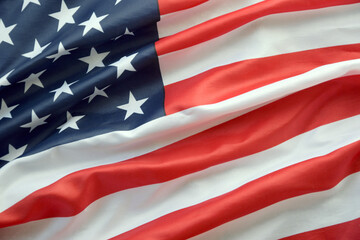 United States of America flag with stars and stripes close up. Official US Banner waving with folds