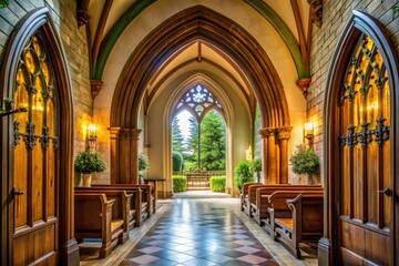 Fototapeta premium Elegant arched doorway leading to a bright and spacious church interior