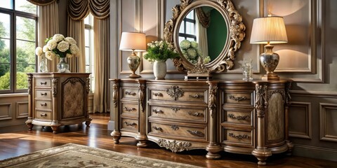 Elegant dresser boasts intricately carved details, multiple drawers, and a stunning mirrored facade, perfect for adding a touch of sophistication to any bedroom.