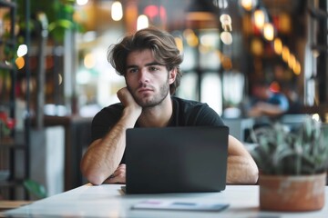 Obraz premium Coworking Laptop. Young Male Businessman Working on Creative Design in Office Setting