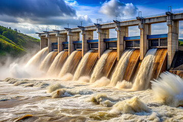 Dam, Silky Water Through Dam Gates, Water discharge from the reservoir