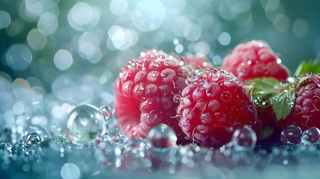Close-Up of Fresh Red Raspberries with Water Drops