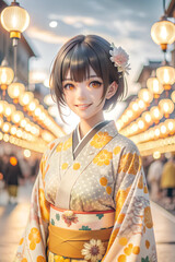 A young woman in a traditional Japanese kimono, smiling and looking towards the camera. A young woman with short anime-style hair